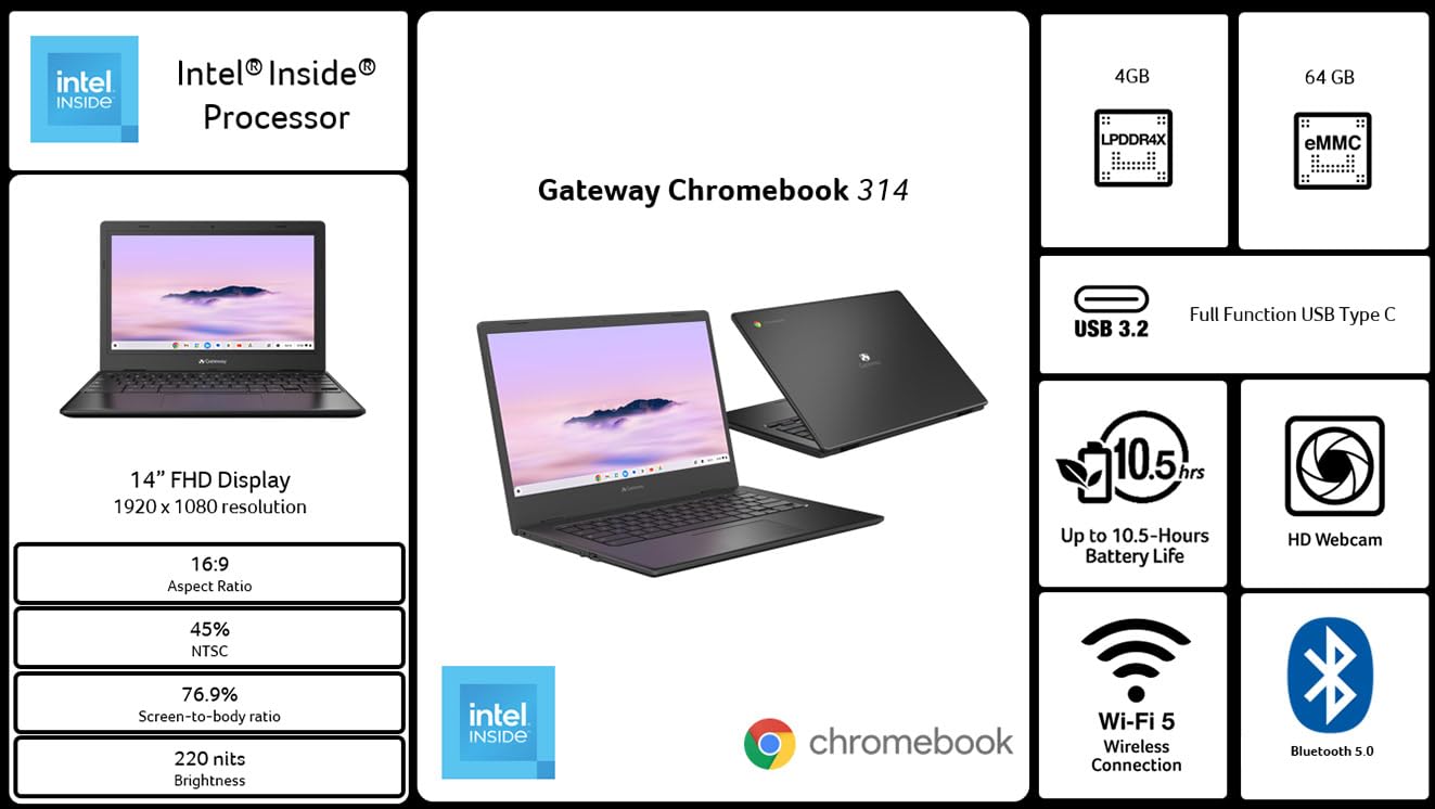 acer Gateway Chromebook 314 CBO314-1H-C476 Laptop | Intel Celeron N4500 | 14" Full HD (1920 x 1080) Display | 4GB LPDDR4X | 64GB eMMC | Wi-Fi 5 802.11ac | Chrome OS | Star Black - Image 6